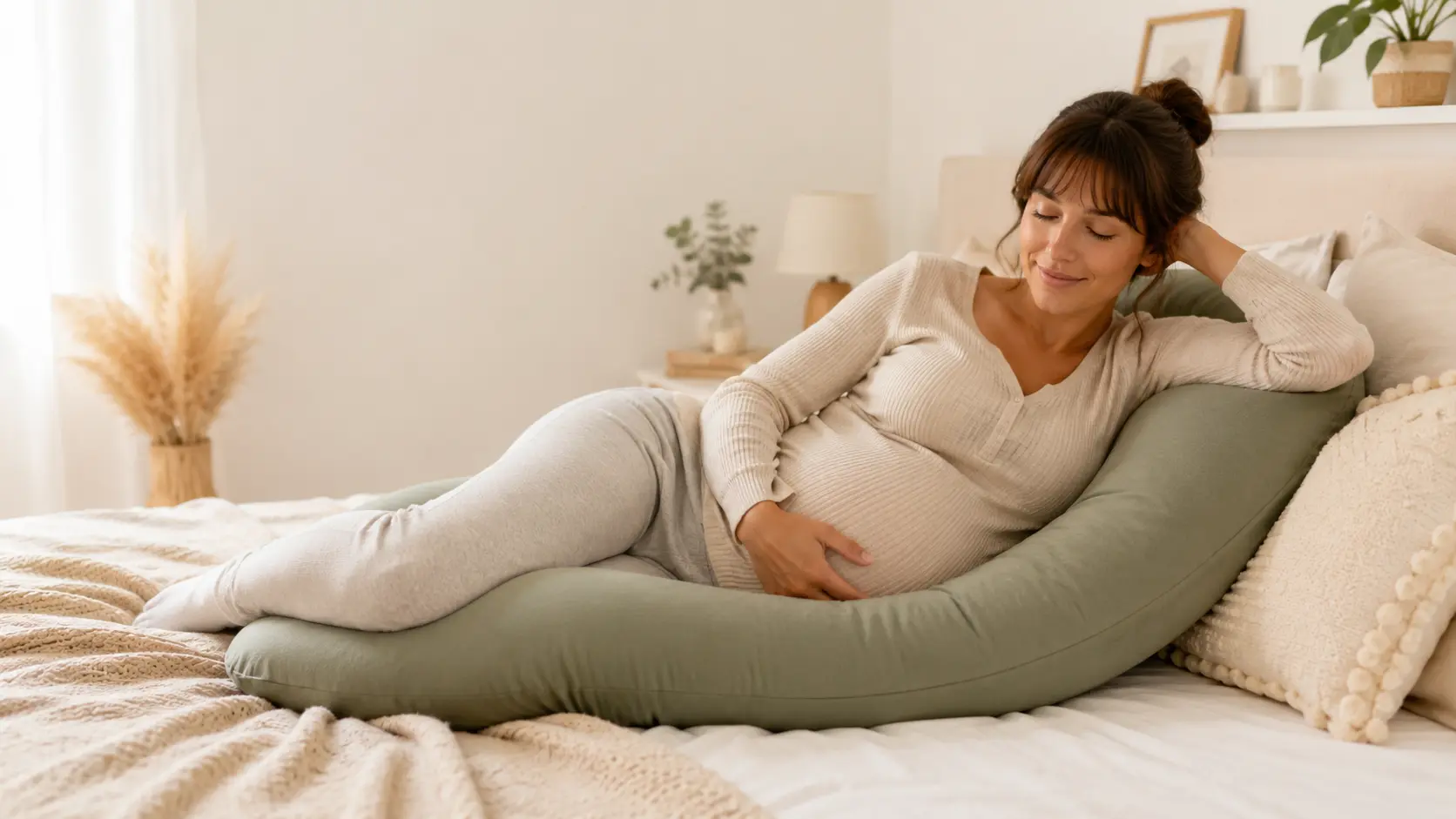 Femme enceinte allongée avec un coussin de grossesse pour soulager son dos et son ventre
