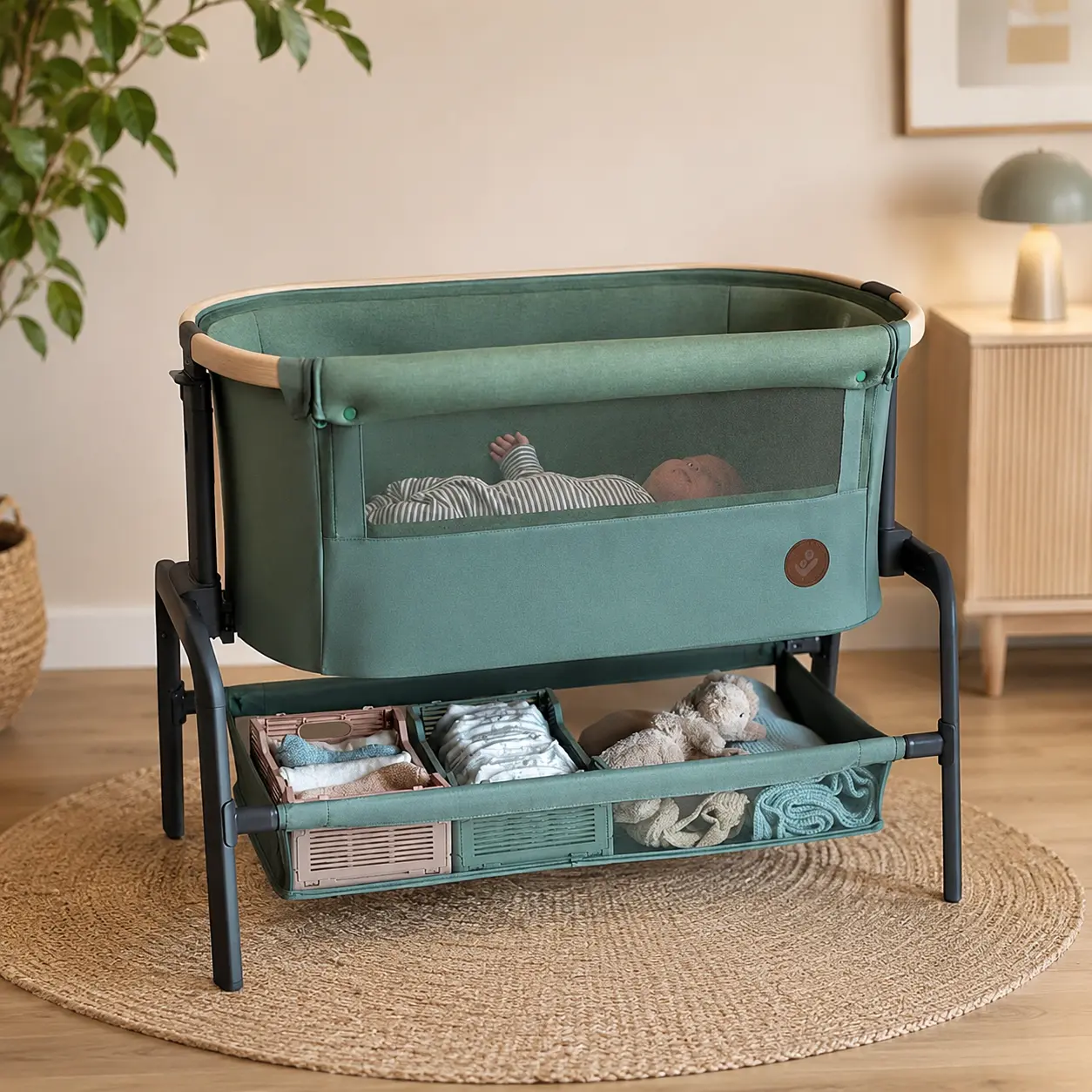 Lit cododo Maxi-Cosi Iora Air installé dans une chambre de bébé avec son panier de rangement.