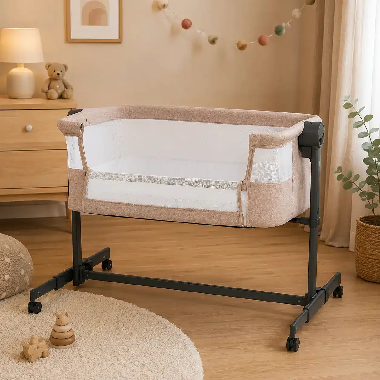 Lit cododo Kinderkraft Nestee Up 2 installé dans une chambre de bébé.