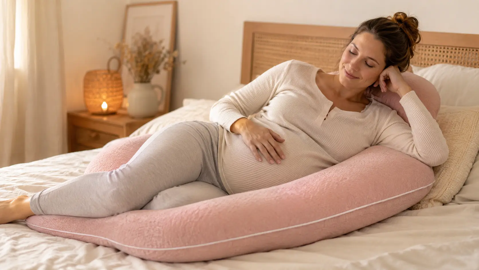 Femme enceinte allongée avec un coussin de grossesse pour soulager son dos et son ventre
